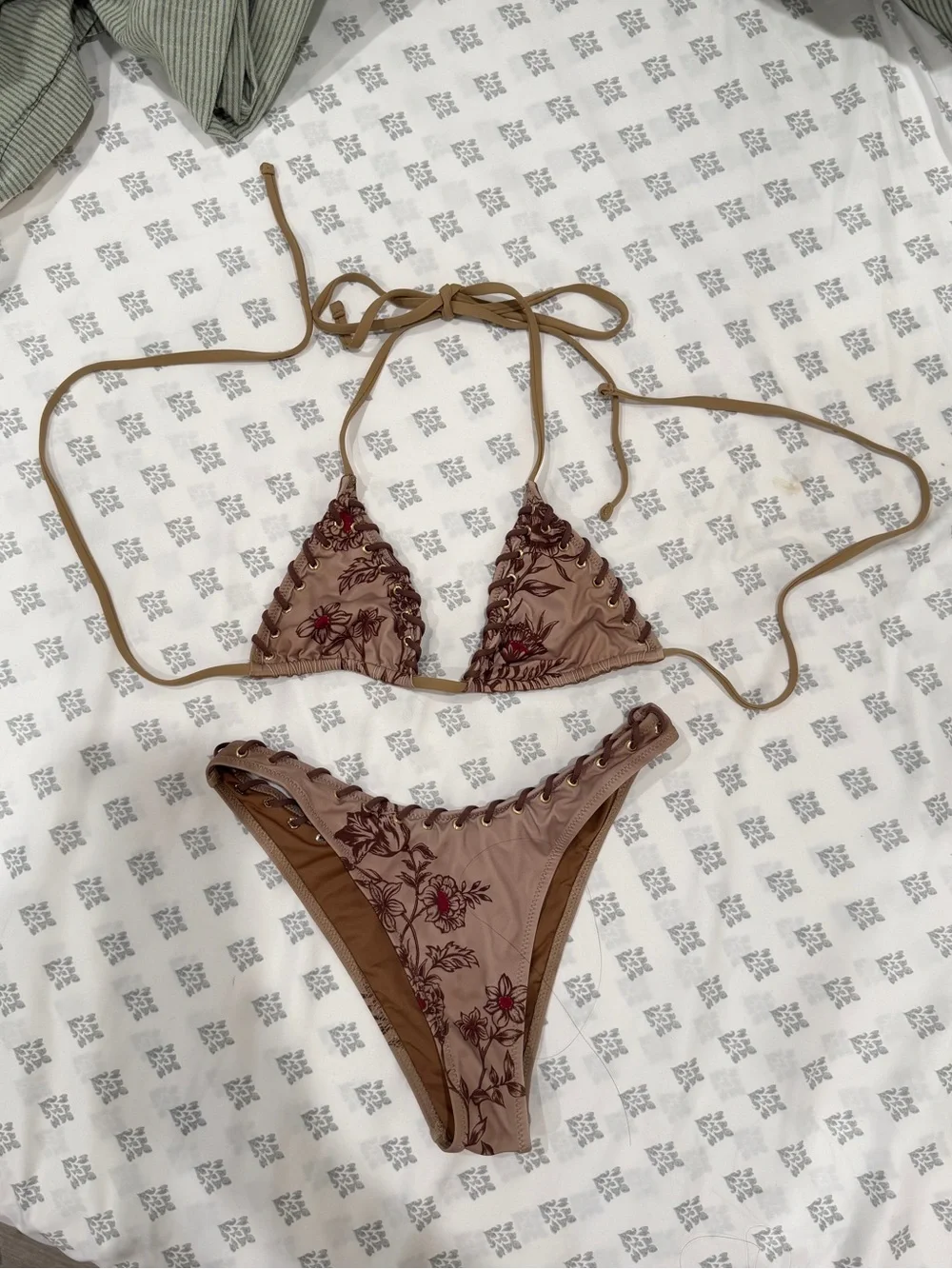 Frankie's Bikinis Bella Hadid Beige Floral Triangle Bikini Set